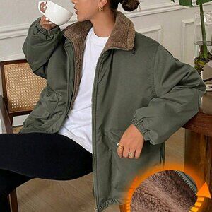 Solid Color Loose Long Sleeve Pocketed Fleece Women's Padded Coat, Ladies Winter